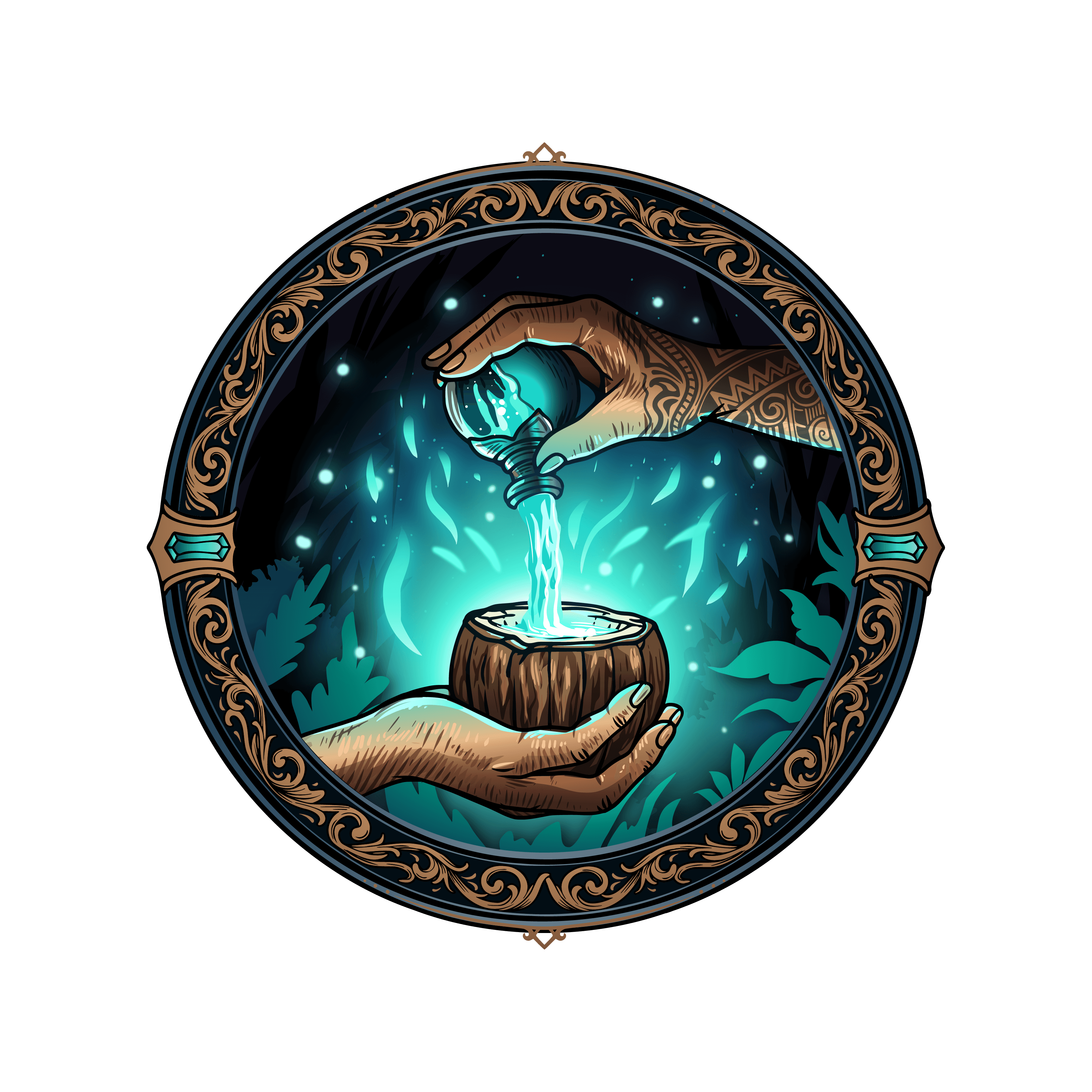 House of Mana emblem — hands pouring glowing kava into a coconut shell